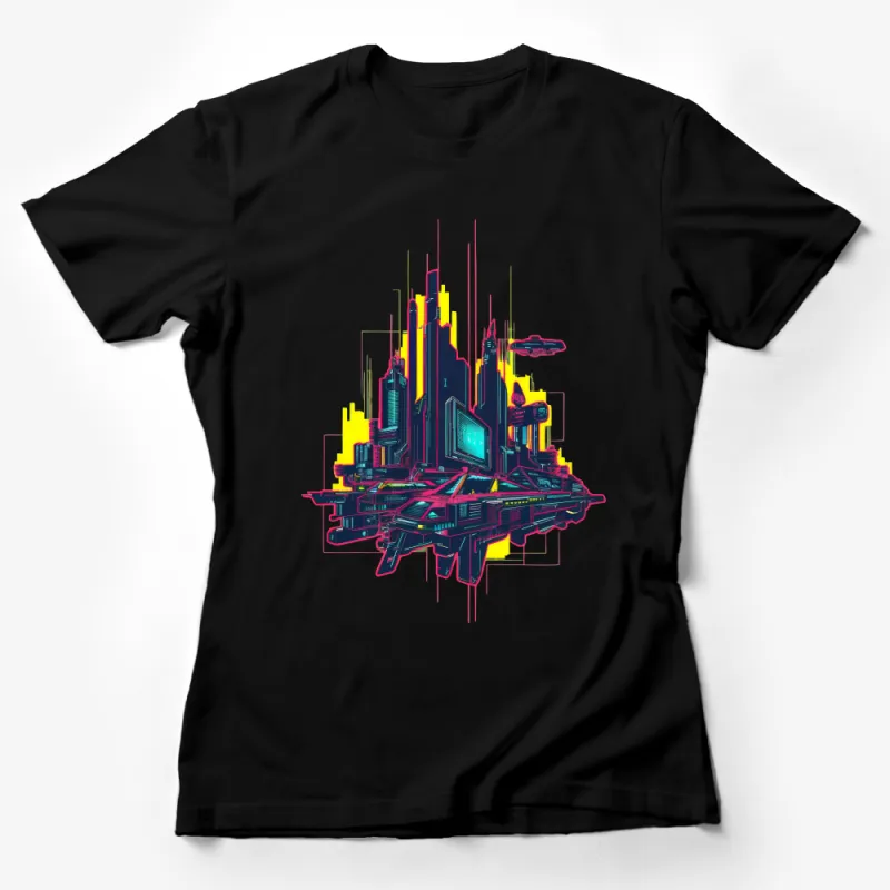 Vibrant Cyberpunk Cityscape Graphic T-Shirt, Futuristic Urban Neon Art Tee Female T-Shirt