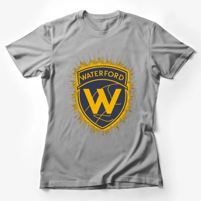 Vintage Style Waterford Grunge Emblem T-Shirt, Distressed Shield Logo Tee, Unisex Casual Wear Female T-Shirt