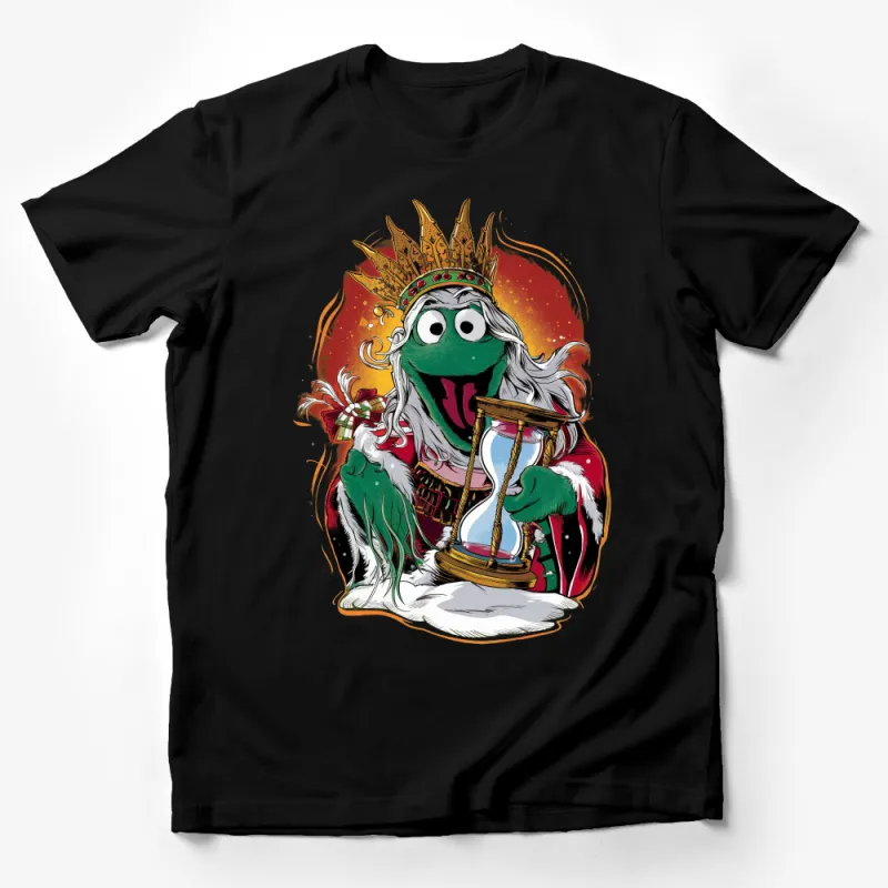 Funky Green Monster Cartoon King with Crown Graphic T-Shirt, Unisex Fantasy Tee, Unique Character Illustration, Casual Wear Male T-Shirt