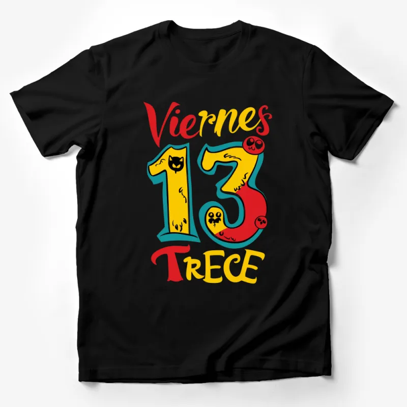 Unisex Viernes 13 Graphic Tee, Colorful Spanish Friday the 13th T-Shirt, Casual Cotton Shirt, Gift for Superstition Lovers Male T-Shirt