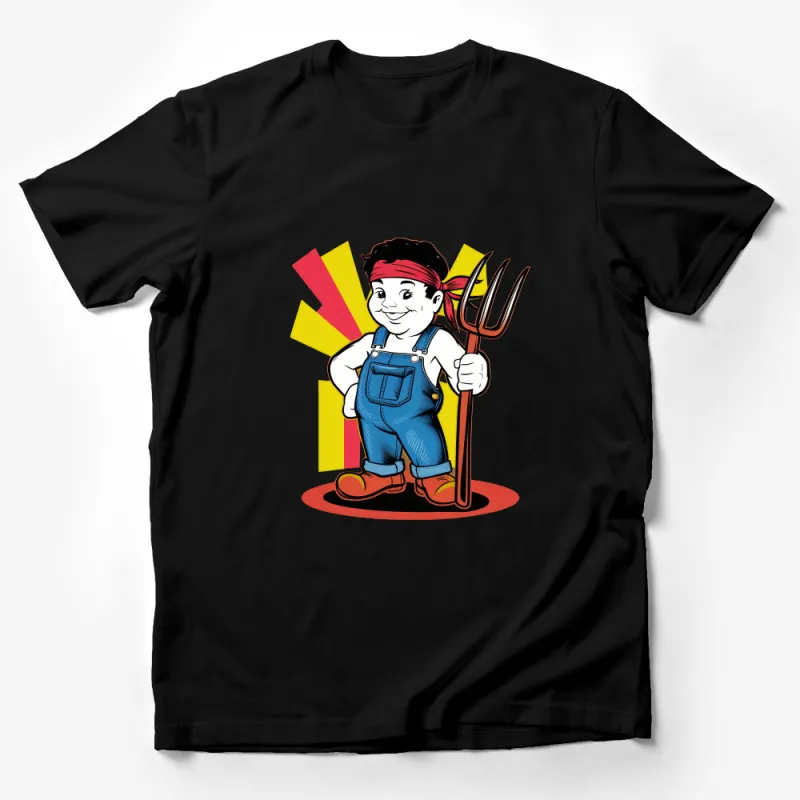 Vintage Cartoon Farmer Boy Graphic Tee, Colorful Casual Unisex T-Shirt Design Male T-Shirt