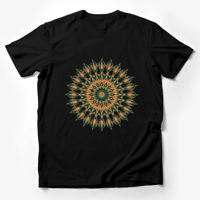 Unique Orange and Green Mandala Print T-Shirt, Artistic Pattern Unisex Tee for All Occasions Male T-Shirt