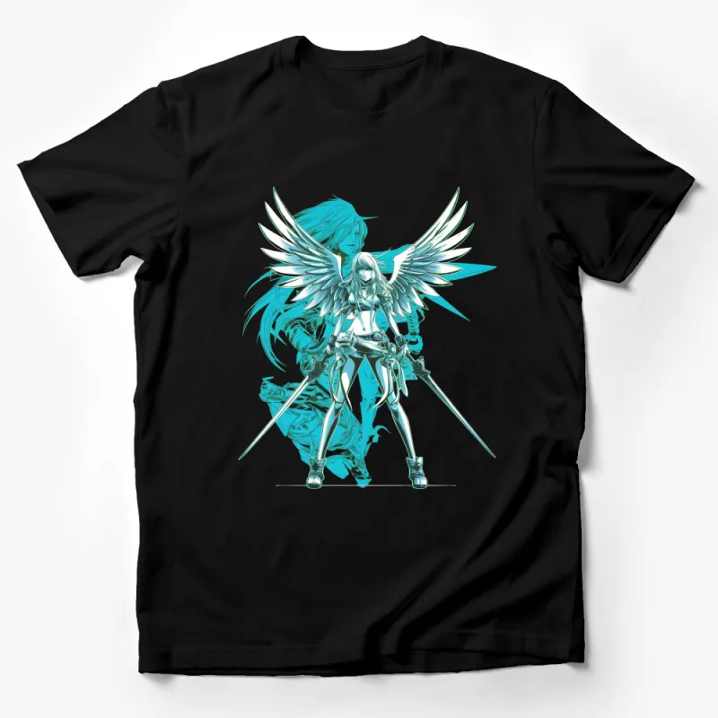 Angel Warrior Fantasy Art T-Shirt, Cyan Winged Female Guardian Printed Tee Male T-Shirt