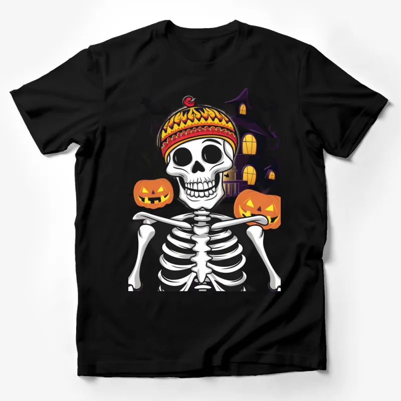 Funky Skeleton with Colorful Headband and Pumpkins Halloween T-Shirt Male T-Shirt