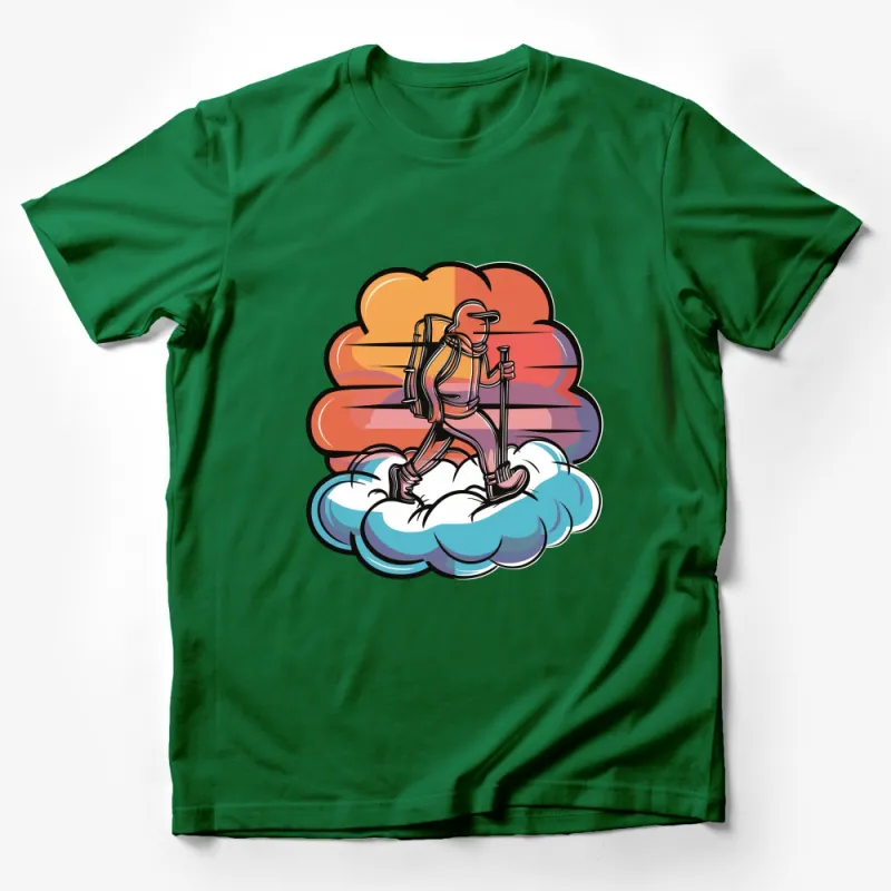 Vibrant Hiker Graphic Tee with Colorful Clouds, Outdoor Adventure Unisex T-Shirt Male T-Shirt