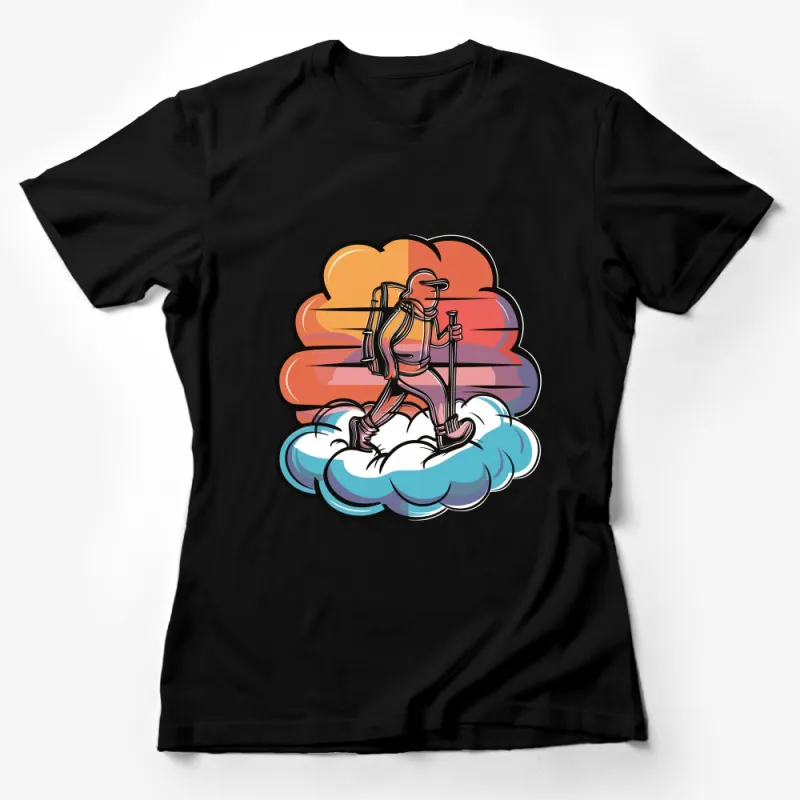 Vibrant Hiker Graphic Tee with Colorful Clouds, Outdoor Adventure Unisex T-Shirt Female T-Shirt