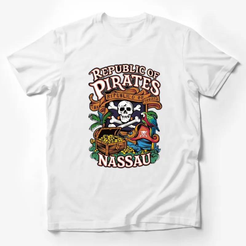 Republic of Pirates Nassau Graphic T-Shirt, Unique Pirate Skull Treasure Chest Parrot Design Tee Male T-Shirt