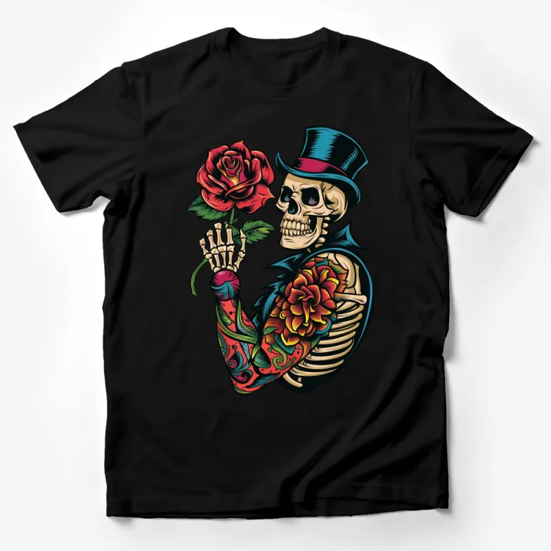 Gothic Skeleton in Top Hat Holding a Rose Tattoo Style T-Shirt Design Male T-Shirt