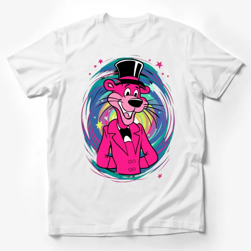 Vibrant Pink Cartoon Panther with Top Hat T-Shirt, Unisex Graphic Tee for All Ages Male T-Shirt