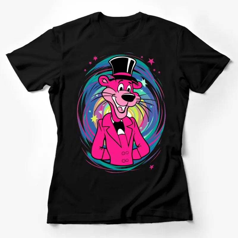 Vibrant Pink Cartoon Panther with Top Hat T-Shirt, Unisex Graphic Tee for All Ages Female T-Shirt