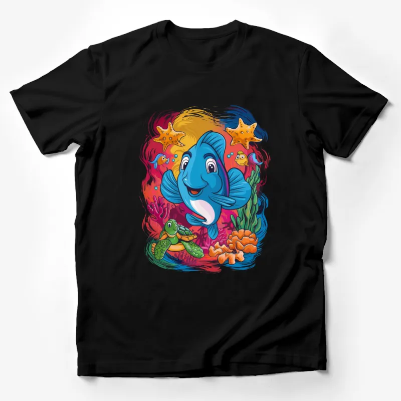 Colorful Ocean Life T-Shirt With Smiling Fish, Turtle, and Coral Reef Male T-Shirt