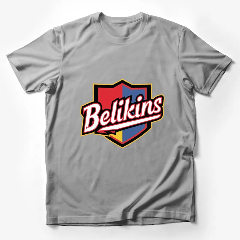 Retro Style Belikins Emblem Graphic Tee, Vibrant Colorful Casual Wear Male T-Shirt