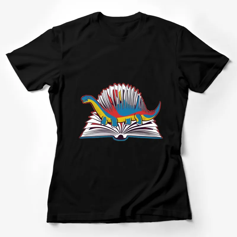 Colorful Dinosaur on Open Book Graphic T-Shirt, Unique Dino Reading Lover Tee, Unisex Casual Wear for Bookworms Female T-Shirt