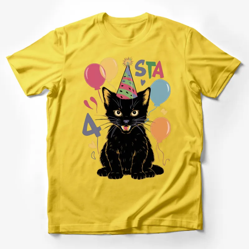 Birthday Party Cat T-Shirt, Cute Black Kitten with Party Hat, Celebration Tee, Unisex Gift for Cat Lovers, Fun Animal Graphic Shirt Male T-Shirt