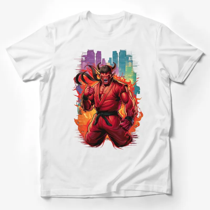 Fiery Demon Warrior Graphic T-Shirt, Bold Anime Inspired Urban Design, Unique Gift for Fantasy Lovers Male T-Shirt