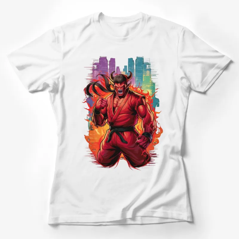 Fiery Demon Warrior Graphic T-Shirt, Bold Anime Inspired Urban Design, Unique Gift for Fantasy Lovers Female T-Shirt