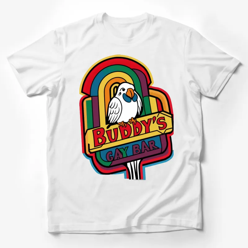 Colorful Rainbow Parrot Graphic Tee for Pride, Buddy's Gay Bar Fun Shirt Male T-Shirt