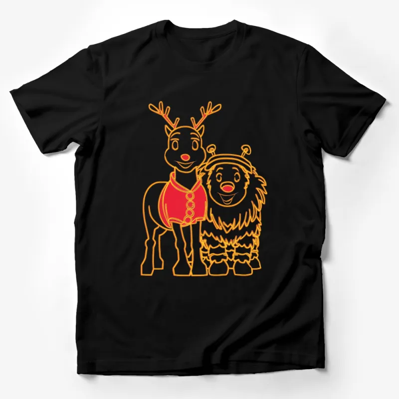 Cartoon Reindeer and Lion Duo, Cute Animal Friends Graphic Tee, Unisex T-Shirt for All Ages, Fun Casual Wear Male T-Shirt