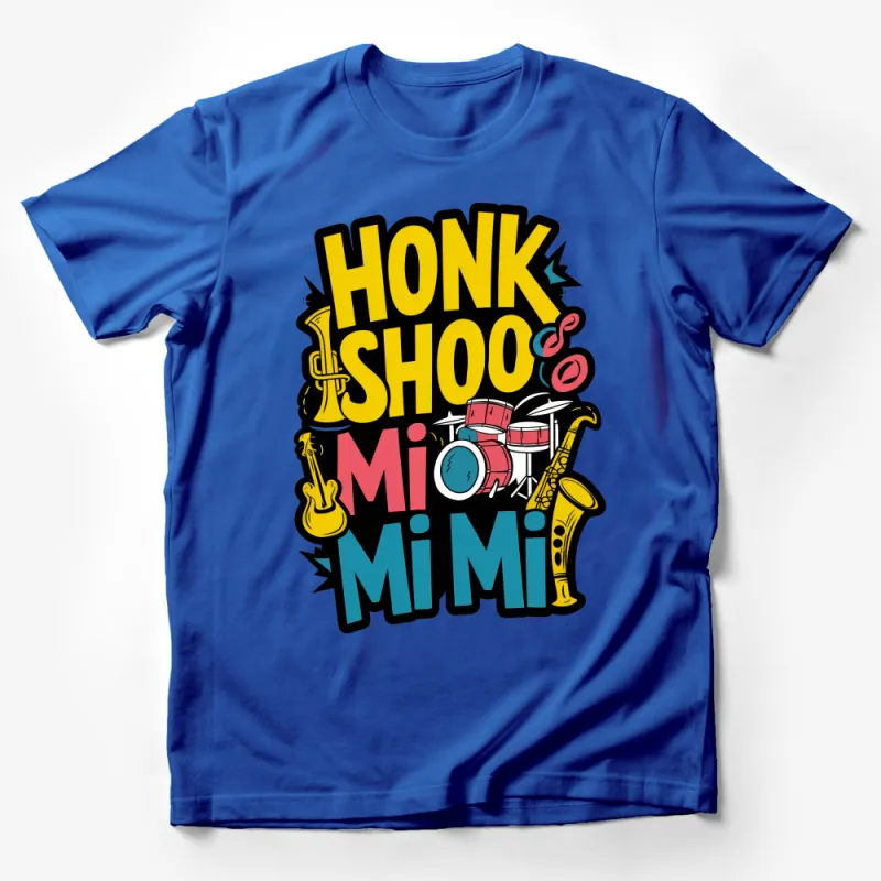 Colorful Musical Instruments and Honk Shoo Mi Mi Text T-Shirt Design Male T-Shirt