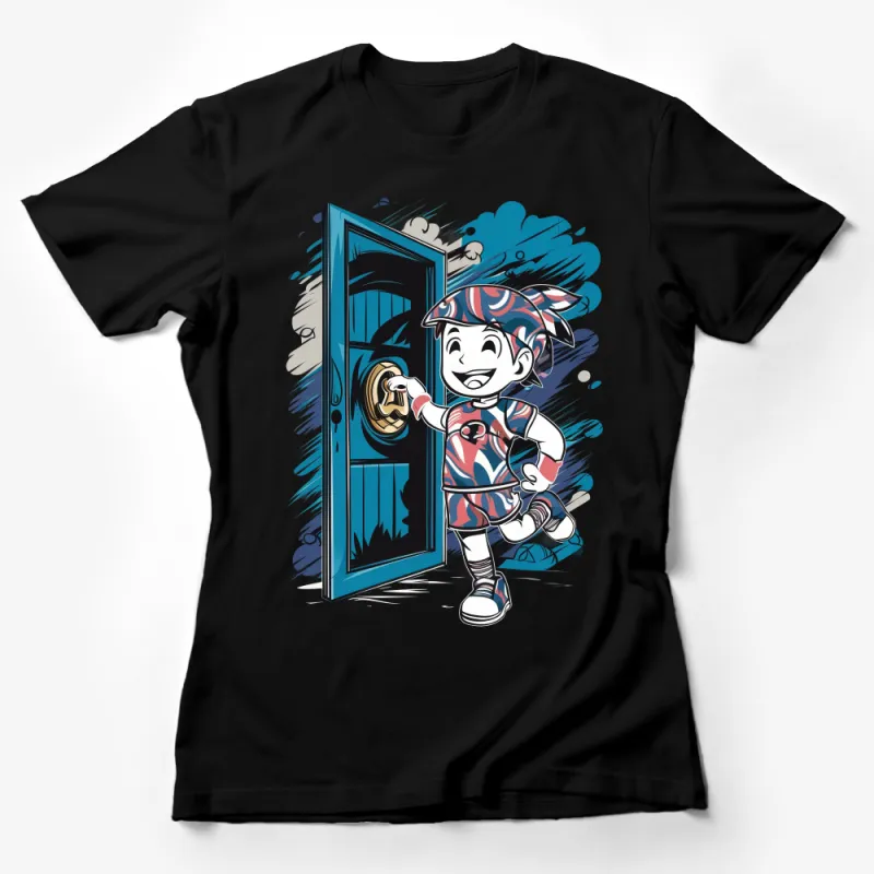 Kid Adventurer Cartoon with Magical Door, Unique Graphic Tee for Children, Fun and Colorful Female T-Shirt