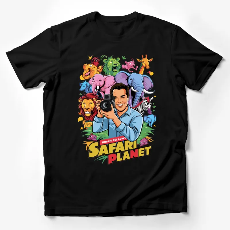 Safari Planet T-Shirt with Colorful Animals and Photographer Design Male T-Shirt