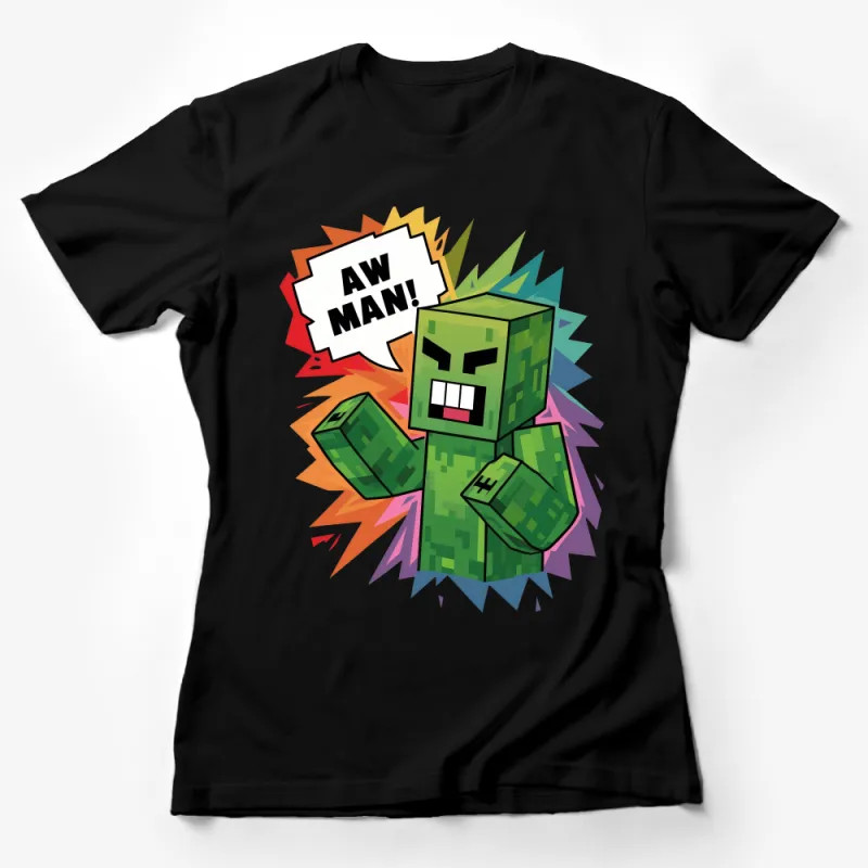 Green Pixel Monster T-Shirt, Funny Gaming Tee, Graphic Cartoon Character Shirt, Gamer Gift, Aw Man Slogan, Unisex Kids and Adults Top Female T-Shirt