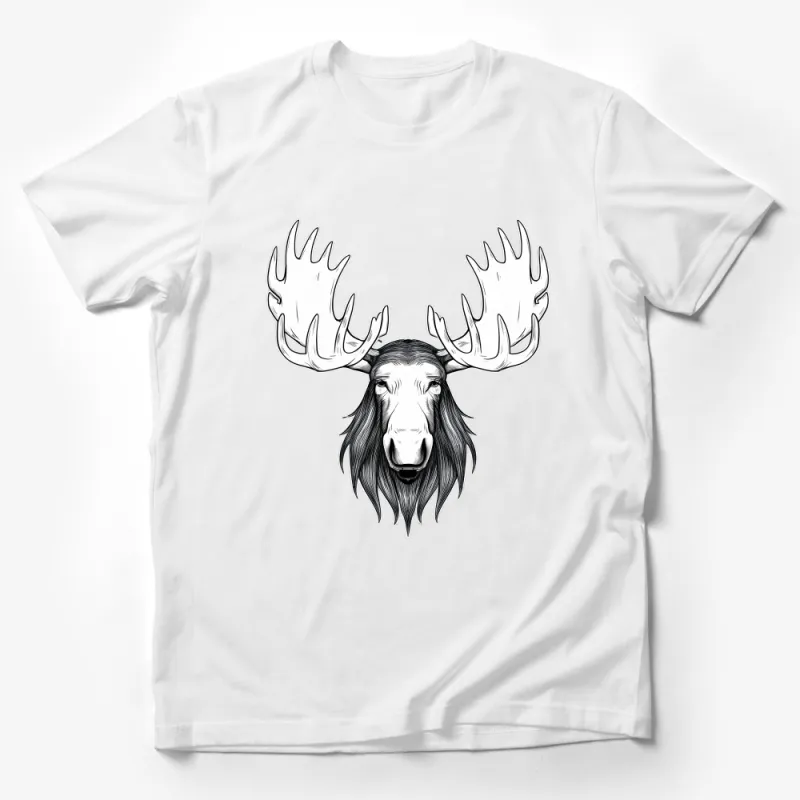 Majestic Moose Head Graphic Tee, Black and White Nature-Inspired Unisex T-Shirt with Large Antlers Illustration Male T-Shirt