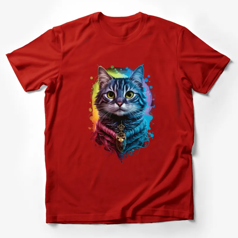 Colorful Cat Art T-Shirt, Vibrant Feline Graphic Tee, Quirky Cat Lover Gift, Casual Wear, Unique Animal Illustration Top Male T-Shirt