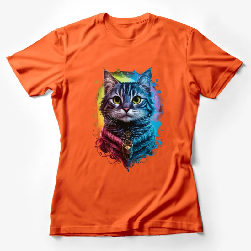 Colorful Cat Art T-Shirt, Vibrant Feline Graphic Tee, Quirky Cat Lover Gift, Casual Wear, Unique Animal Illustration Top Female T-Shirt