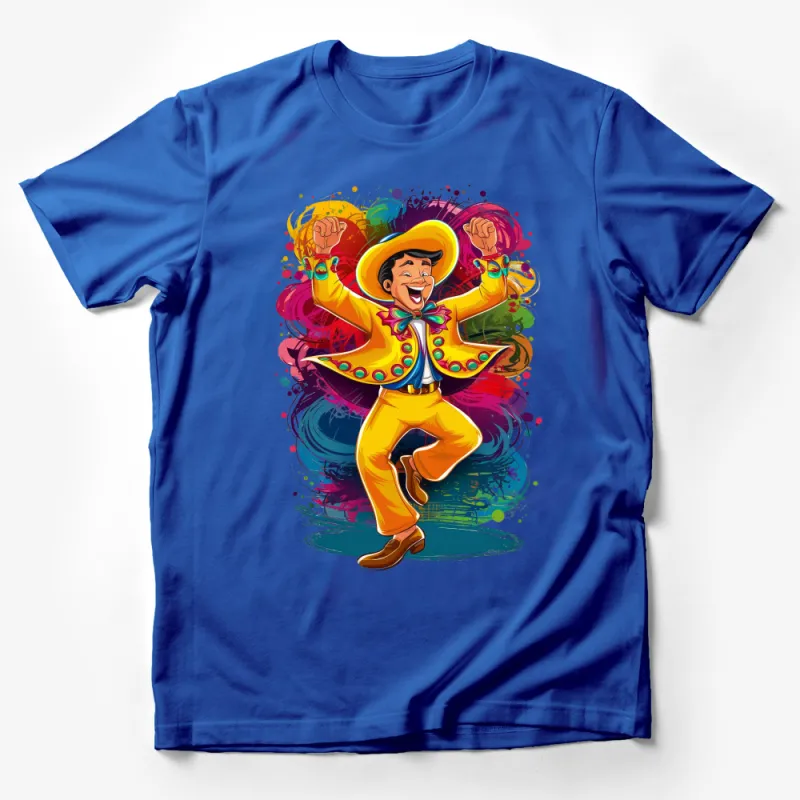 Colorful Fiesta Party Guy T-Shirt, Vibrant Carnival Dancer with Splashes Male T-Shirt