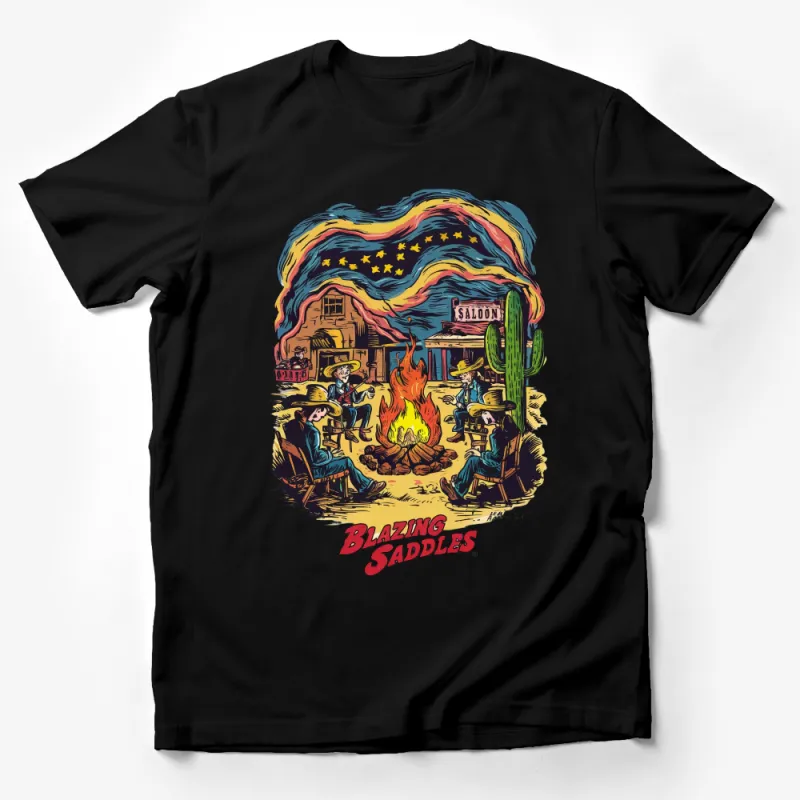 Vintage Blazing Saddles Western Campfire Scene T-Shirt, Retro Cowboy Saloon Graphic Tee, Unisex Male T-Shirt