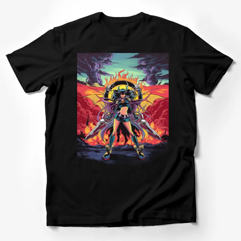 Vibrant Warrior Girl T-Shirt, Comic Style Female Fighter with Weapons Graphic Tee Male T-Shirt