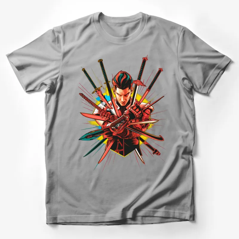 Trendy Samurai Warrior Graphic Tee, Unisex Manga Style T-Shirt, Bold Colorful Ninja Shirt, Casual Streetwear, Unique Gift for Teen Male T-Shirt