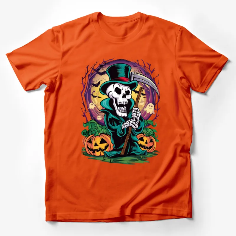 Grim Reaper Halloween Costume T-Shirt with Pumpkins and Spooky Forest Graphic Male T-Shirt