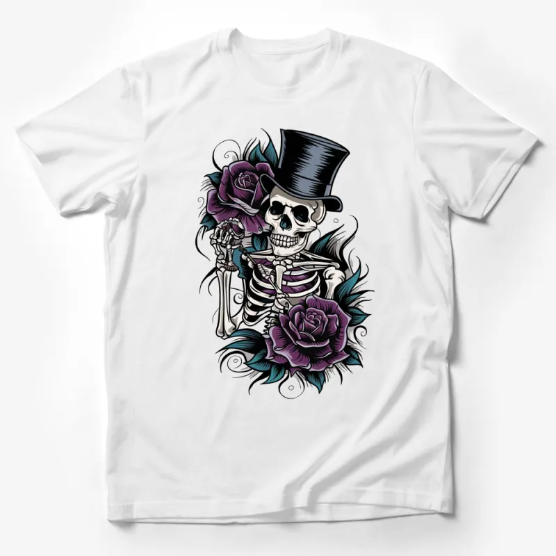 Gothic Skull with Top Hat and Roses T-Shirt, Dark Fantasy Art Tee, Unisex Graphic Skull Shirt, Unique Halloween Costume Apparel Male T-Shirt