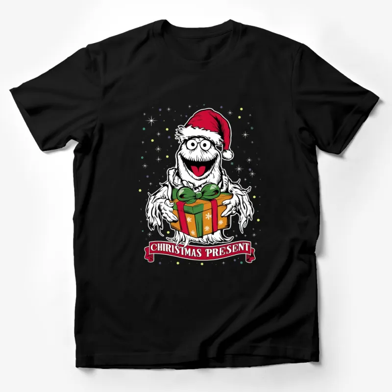 Festive Monster Holding a Gift T-Shirt, Cute Holiday Apparel for All Ages Male T-Shirt