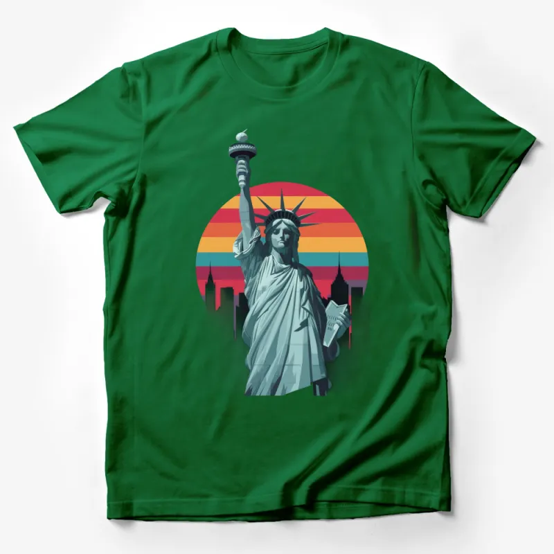 Vintage Style Statue of Liberty Graphic Tee with Sunset, Urban New York City T-Shirt Male T-Shirt