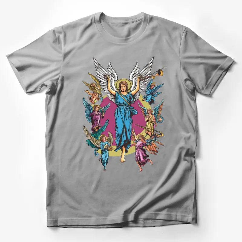 Angelic Herald Graphic Tee, Heavenly Messenger Artistic T-Shirt Design, Spiritual Beings Colorful Top Male T-Shirt