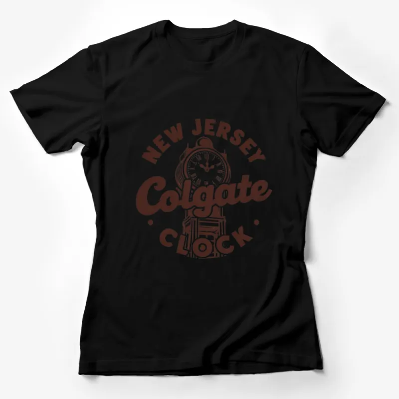 Vintage New Jersey Colgate Clock Graphic T-Shirt, Retro Brown Clock Design Tee, Unique Timepiece Apparel Female T-Shirt