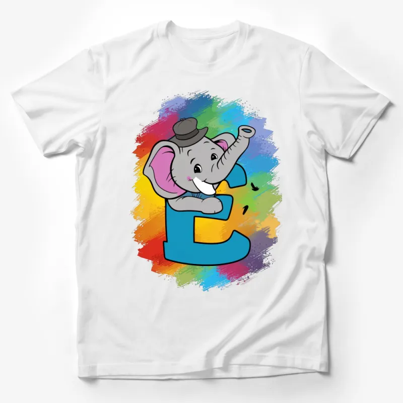 Cartoon Elephant T-Shirt, Colorful Kids Animal Alphabet Tee, Letter E Elephant Top, Unisex Children's Graphic Shirt Male T-Shirt