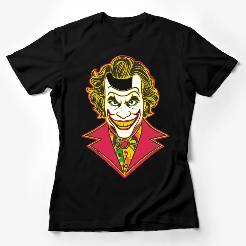 Colorful Joker Graphic T-Shirt, Comic Style Villain Tee, Unisex Casualwear, Unique Superhero Party Shirt, Vibrant Apparel Female T-Shirt