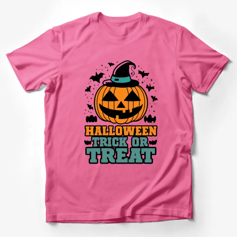 Halloween Trick or Treat T-Shirt, Jack-o'-Lantern Tee, Spooky Pumpkin Shirt, Bats and Witch Hat Top, Unisex Adult Halloween Costume Male T-Shirt