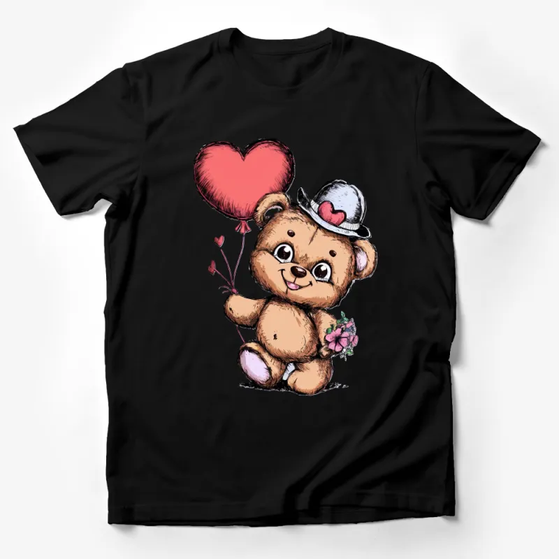 Cute Teddy Bear T-Shirt with Heart Balloon, Kids Whimsical Animal Tee, Unisex Cartoon Bear Top, Bear with Flowers and Hat Shirt Male T-Shirt