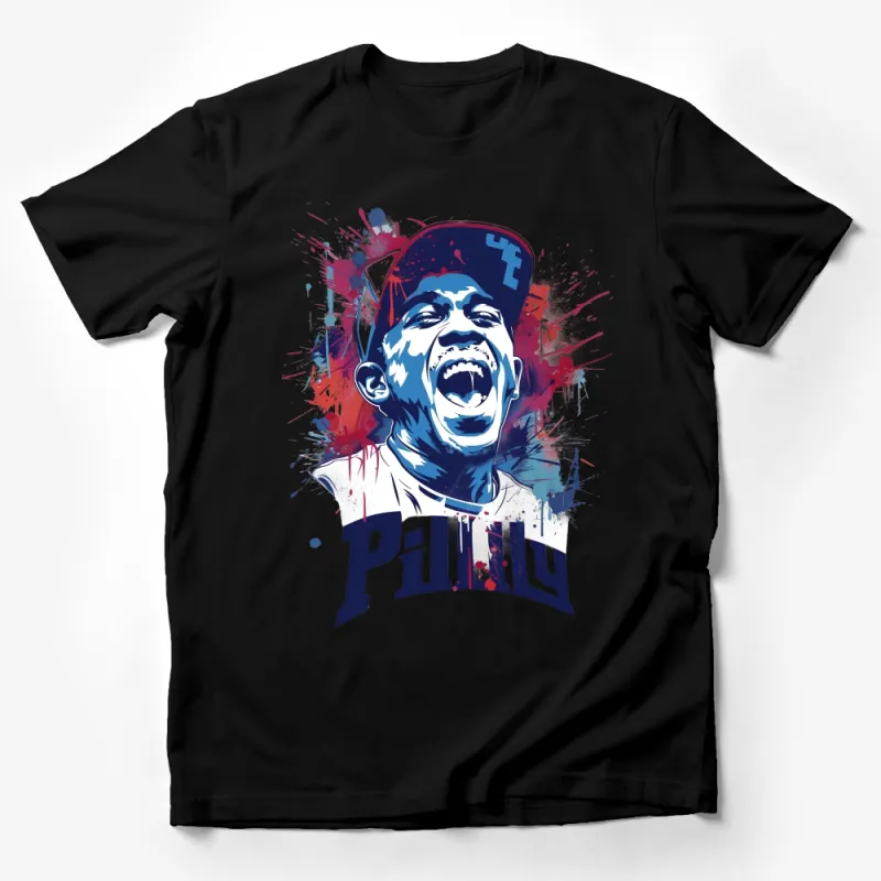 Urban Street Art Style T-Shirt, Cool Philly Graphic Tee, Vibrant Blue and Red Splash Design Male T-Shirt