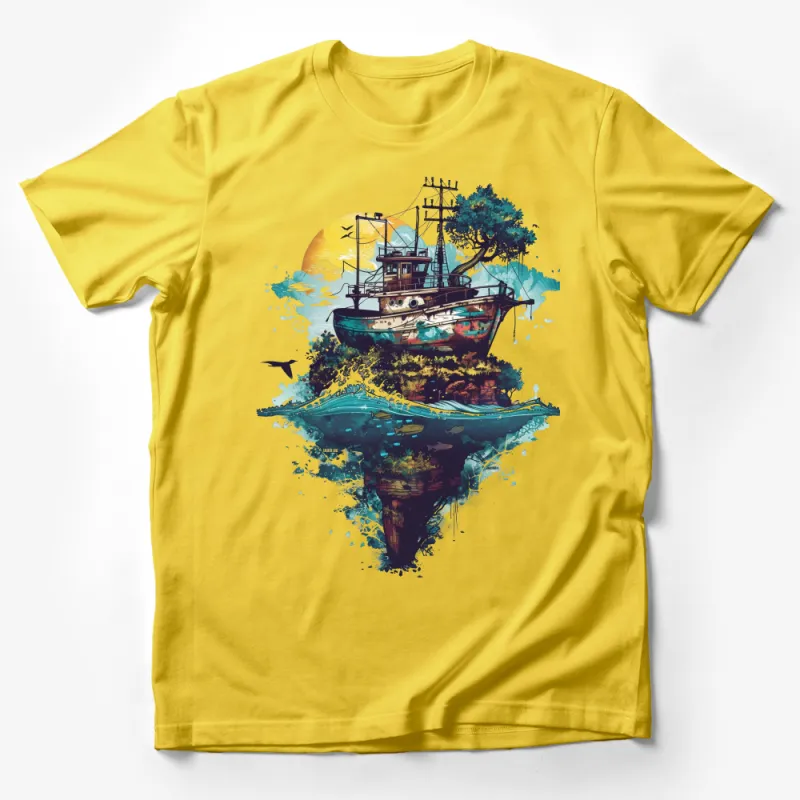 Ocean Boat Graphic Tee, Nautical Sailing Sunset T-Shirt, Adventure Sea Illustration Shirt, Men's Casual Wear, Unique Nature Apparel Male T-Shirt