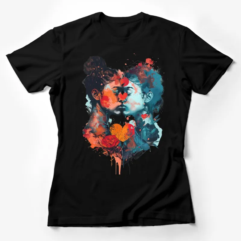 Watercolor Love Kiss T-Shirt, Abstract Couple Art, Romantic Gift for Her, Unique Valentine's Day Tee, Artistic Lovers Illustration Shirt Female T-Shirt