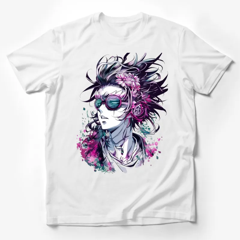 Anime Style Floral Art T-Shirt, Vibrant Pink Flowers Graphic Tee, Urban Chic Fashion Top, Unique Gift for Anime Lovers Male T-Shirt