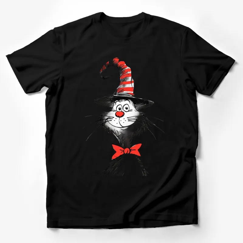 Whimsical Cat Character T-Shirt, Red and White Stripe Hat, Funny Animal Illustration Tee, Unique Cartoon Graphic Shirt, Unisex Clothing Male T-Shirt