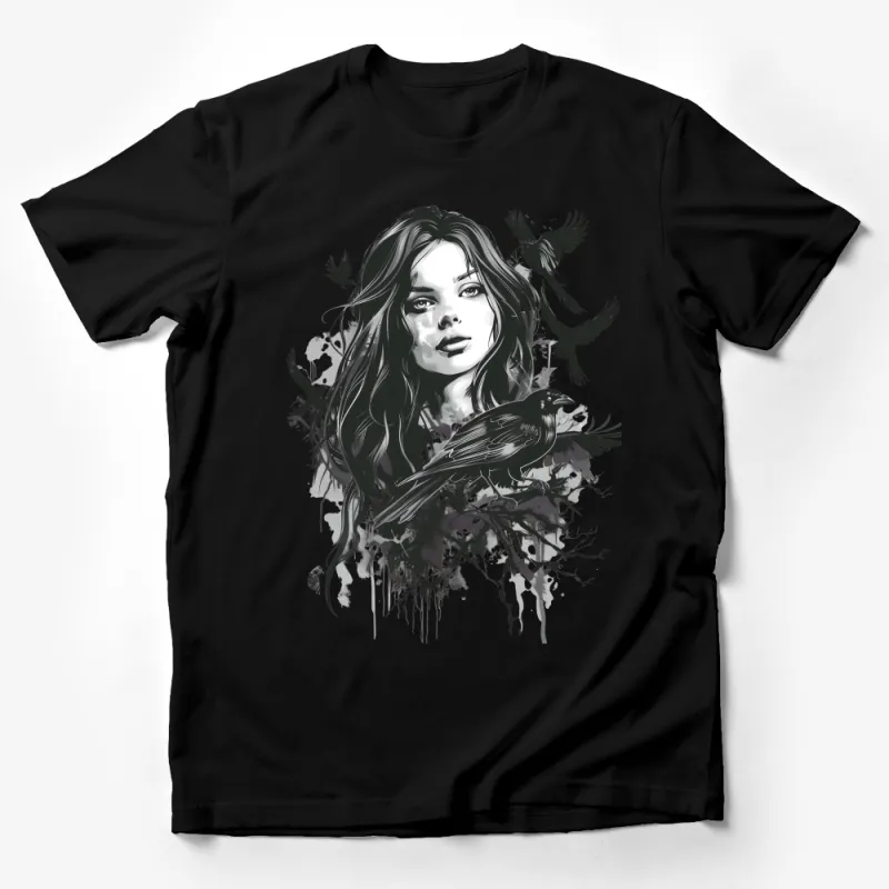 Women's Artistic Raven Print T-Shirt, Black and White Nature-Inspired Casual Top, Comfortable and Stylish Graphic Tee Male T-Shirt