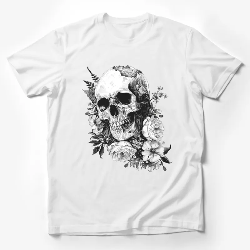 Floral Skull T-Shirt, Gothic Flower Art Tee, Unisex Black and White Graphic Shirt, Botanical Illustration Clothing, Unique Skull Design Male T-Shirt